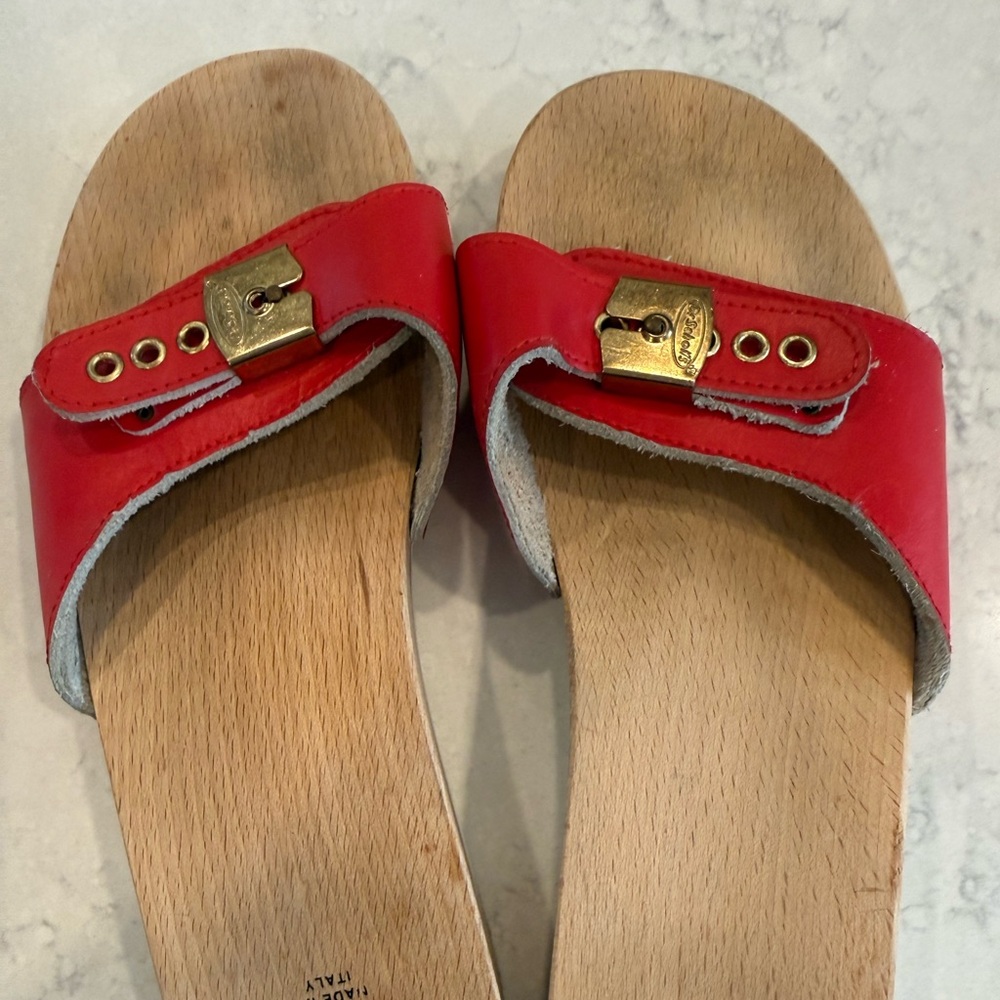 Vintage Dr. Scholl's Red Slide Sandals with Gold Buckle